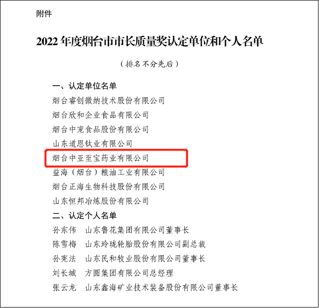 喜报│中亚至宝药业公司荣获2022年度烟台市市长质量奖